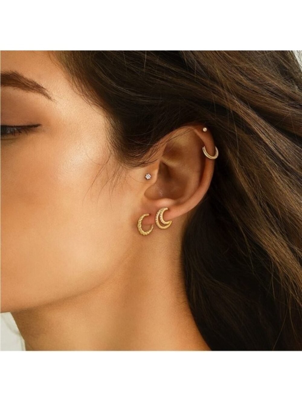 Gold 14k Gold Plated CZ Hoop Stud 5 pairs Earring Set